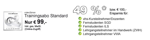 Das Video2Brain Trainingsabo für 1 Jahr - Mit Bildungsnachweis 49 % sparen.