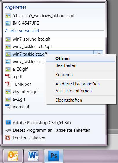 Windows 7 Sprungliste