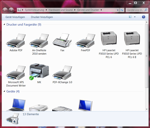 Windows 7 Geräte und Drucker