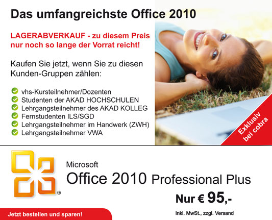 Das umfangreichste Office 2010 inkl. Outlook exklusiv bei uns für vhs-Kursteilnehmer, Fernstudenten SGD, Fernstudenten ILS und weitere