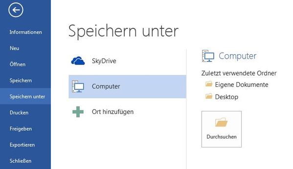 Speichern unter - SkyDrive oder lokal